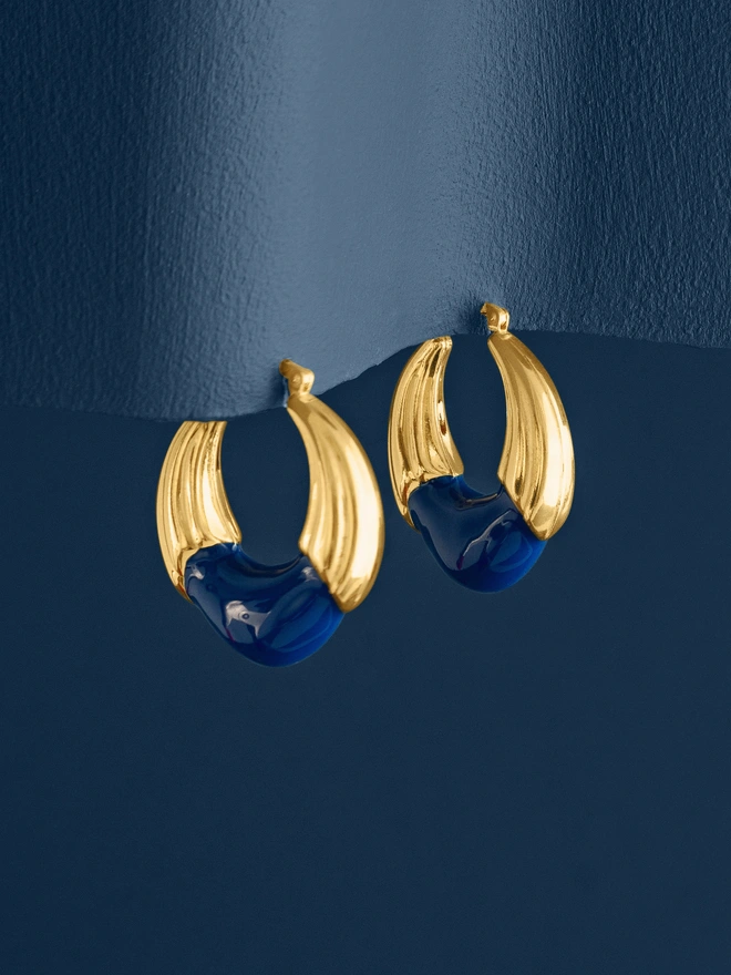 Loel Etched Gold and Blue Enamel Hoop Earrings