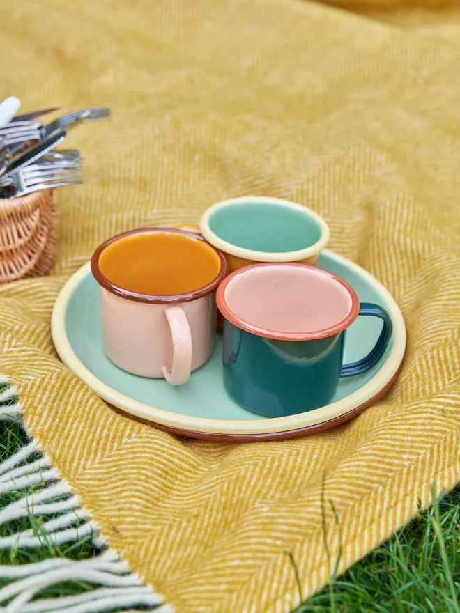 Enamel Plate places on a musturd yellow picnic blanket 