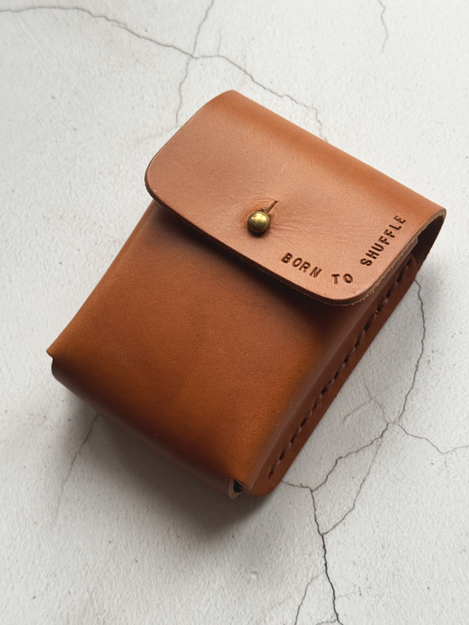tan leather born to shuffle card holder