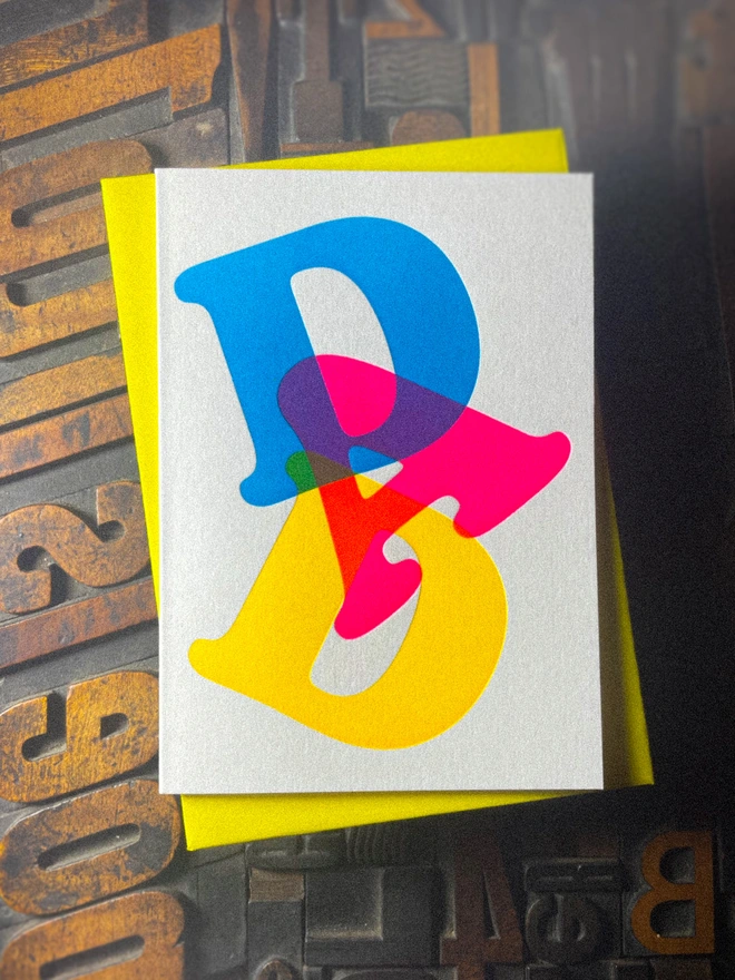 Fathers day typographic letterpress card with fluorescent ink. Deep impression print. Unique with no print being the same. Vibrant colours with matching premium envelopes. With luxurious contrasting coloured envelopes.