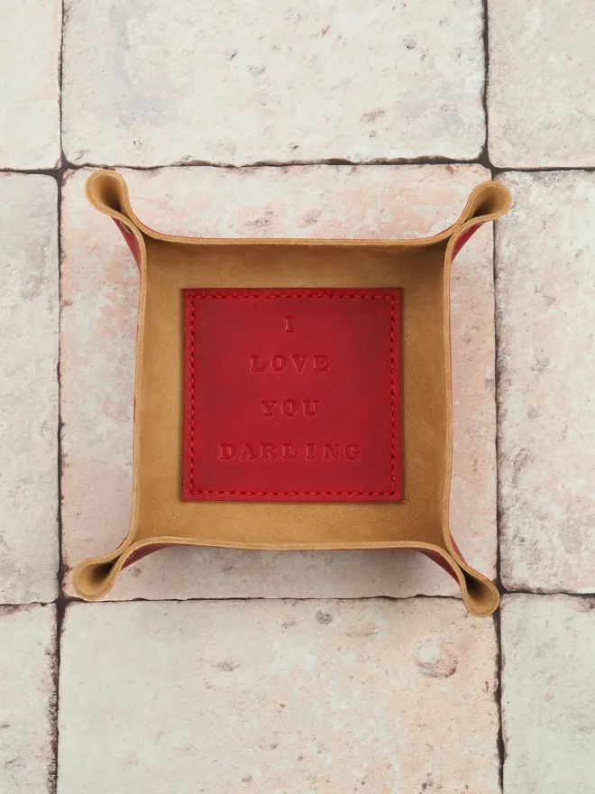 red leather square tray with personalised base