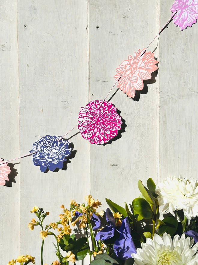 'Power Flower' Garland Hand Printed Linocut Spring Decor