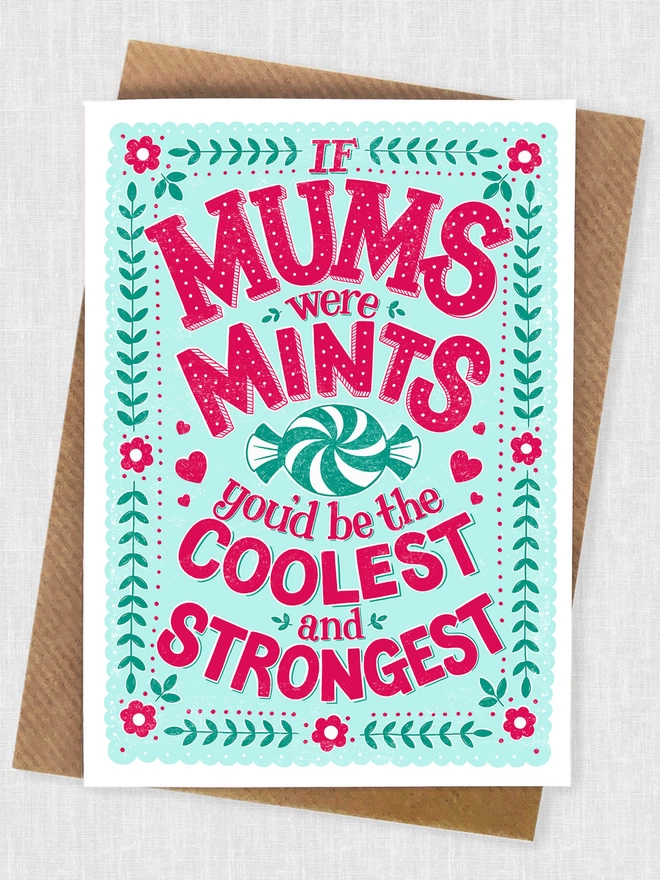pink and green hand lettered mothers day card with mint illustration