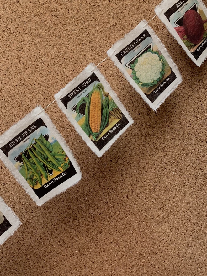 A string of vegetable seed packet bunting against a cork wall