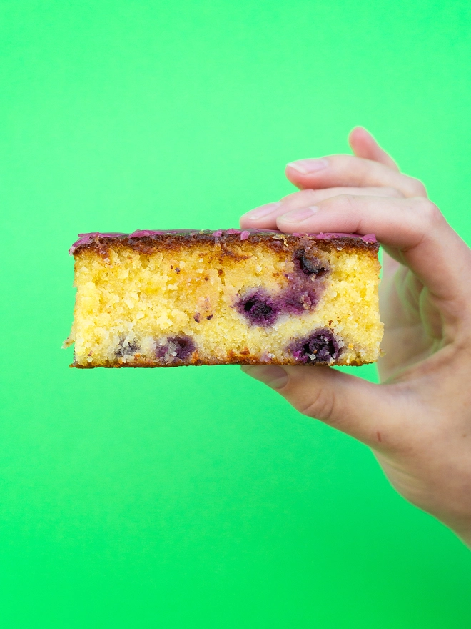 A slice of Lemon and Blueberry Cake