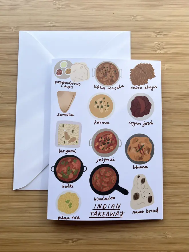 Greetings card with illustrations of Indian takeaway foods