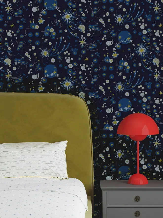 Solaris Wallpaper, a living room with a colourful wallpaper. 
