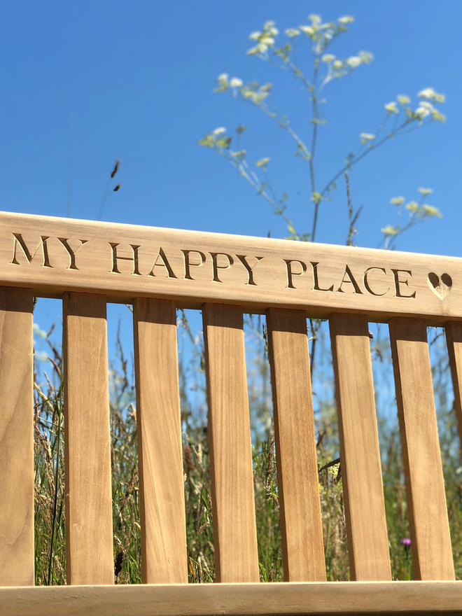 My Happy Place Engraving on a bench