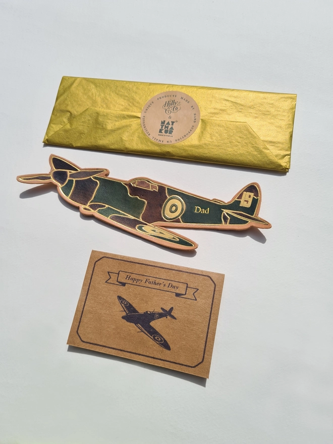 gift wrapped hand painted leather spitfire bookmark for fathers day