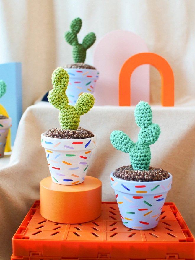 crochet cactus in hand painted pot