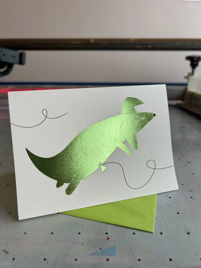 Helium Ballon Dog Card, Foiled, Hannah Carvell
