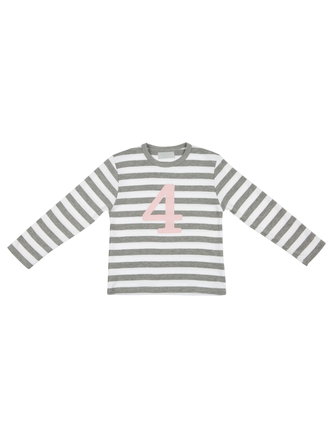 Grey Marl & White Striped Number 4 T Shirt (Mallow Pink)