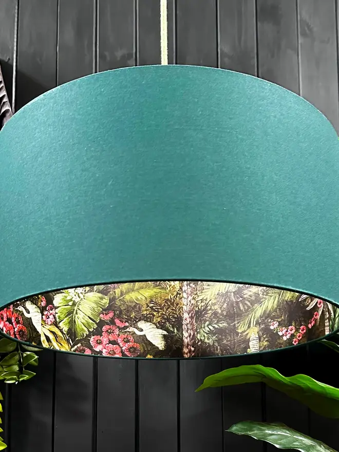 Forest Flight of the Cranes lampshade with Hunter Green cotton exterior