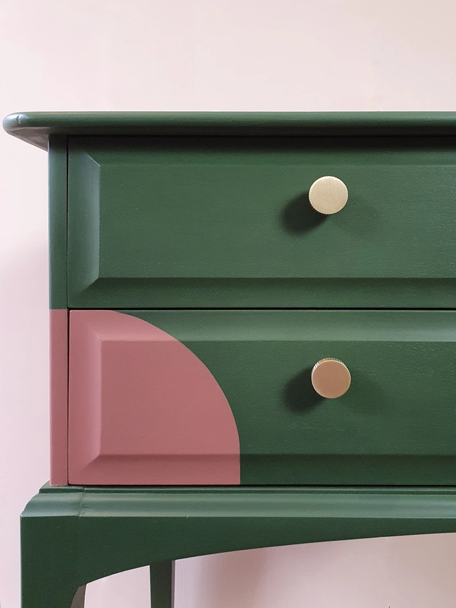 Green and pink painted Stag dressing table or desk with brass knobs