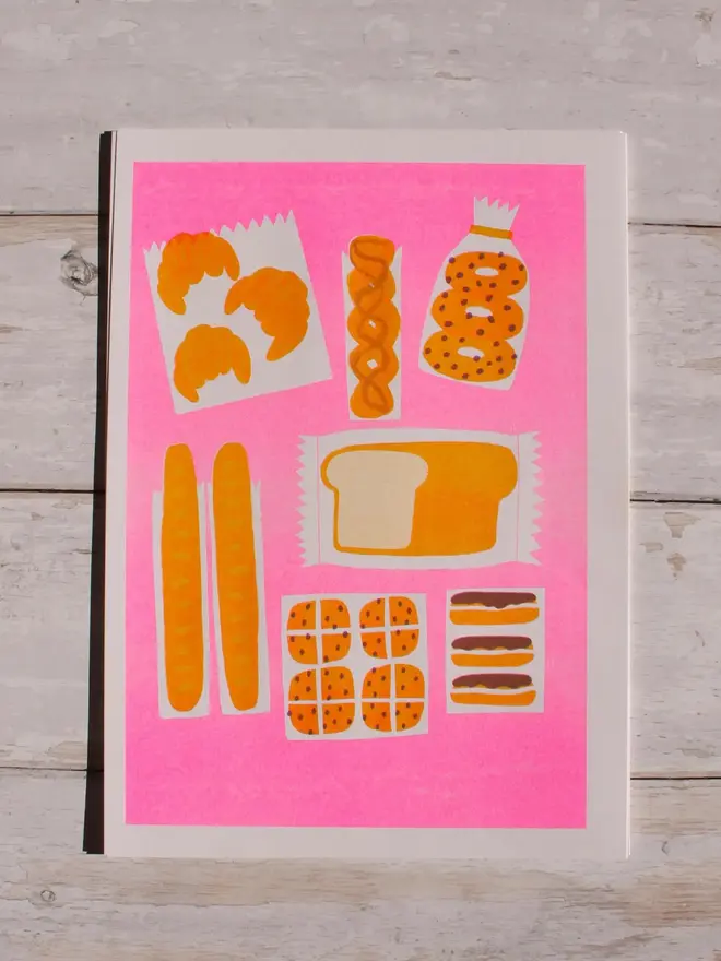 Bread, Croissants, Neon Pink A4 Risograph Print
