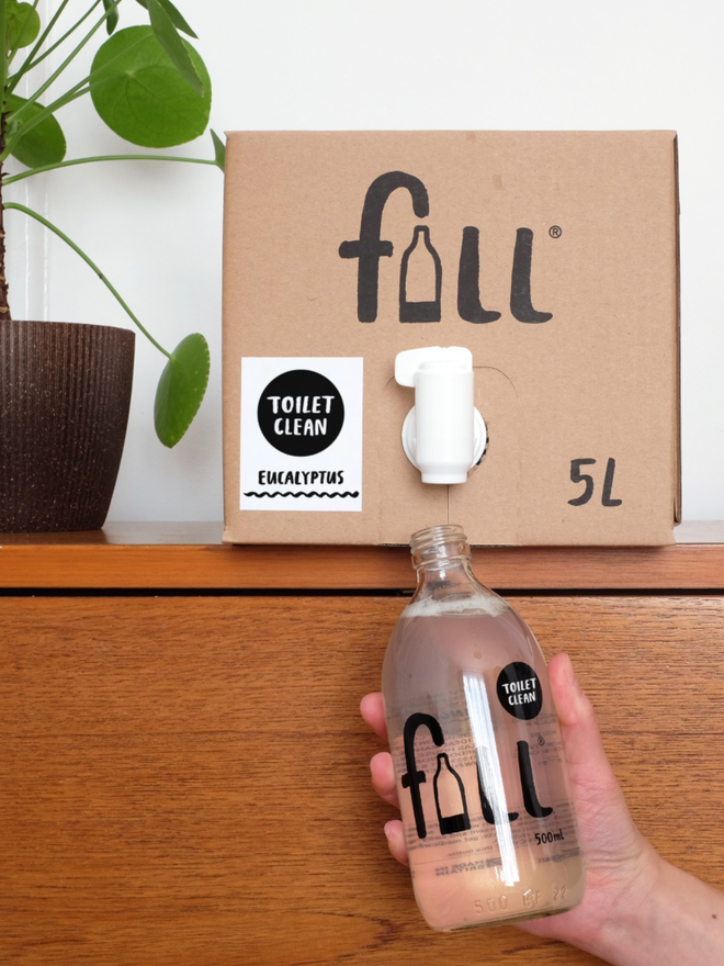 Toilet Cleaner. A 500ml bottle being refilled by a 5L refill box of toilet cleaner.