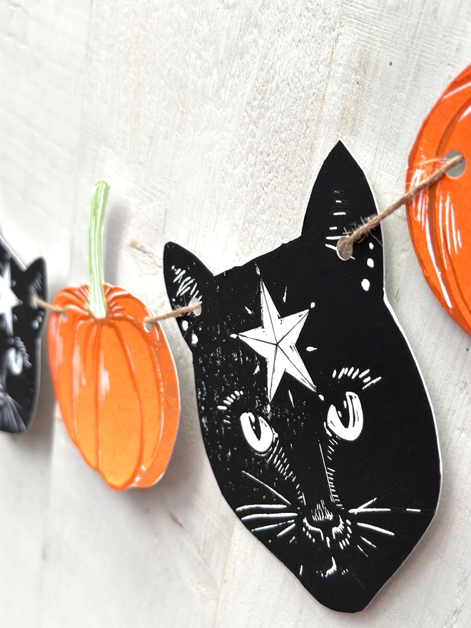Black Cosmic Cat & Pumpkin Halloween Linocut Garland