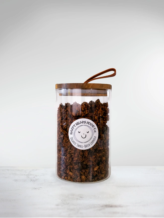 Happy Heads 'Swedish Chokladbollar' granola in a medium (400 g) glass jar 