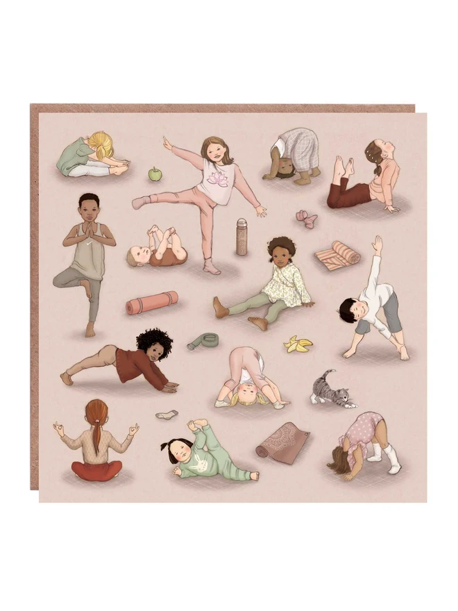 a greeting card featuring lots of little children doing yoga drawn in a vintage story book style shown with a Kraft envelope square in shape