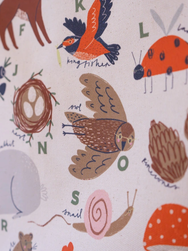 Woodland Alphabet Fabric Banner, close up. 