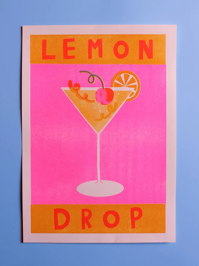 Lemon Drop Martini Cocktail Risograph Print