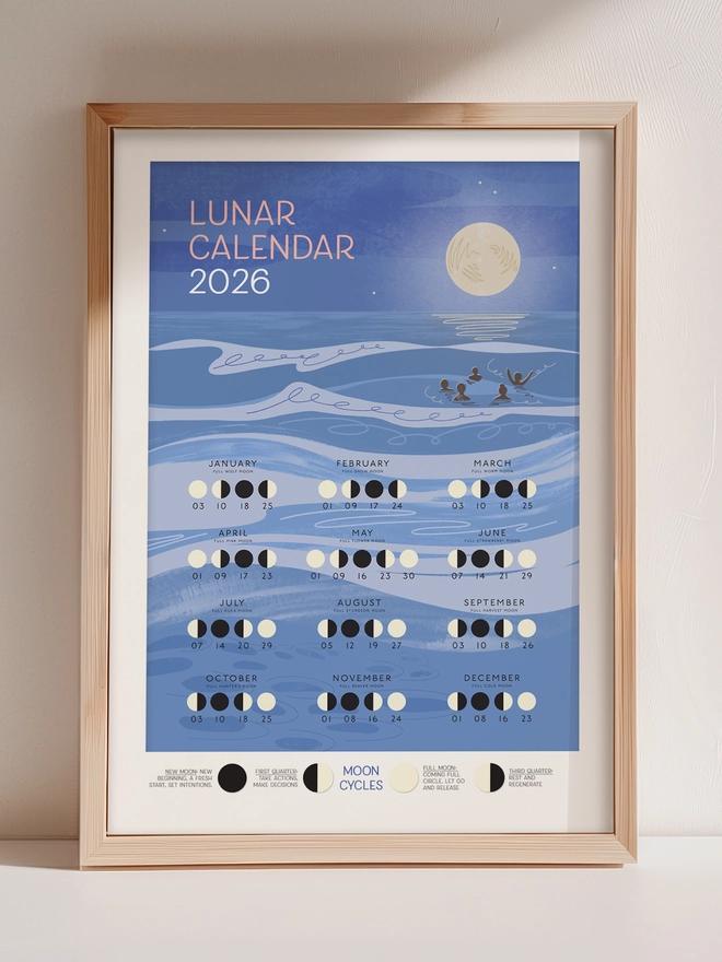 Lunar calendar 2026 - moon cycles poster print - wild swimming gift