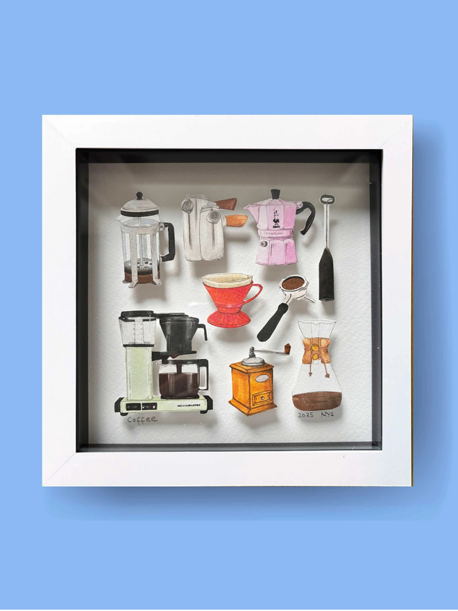 Illustrated 3D paper collage featuring a collection of hand-cut coffee illustration