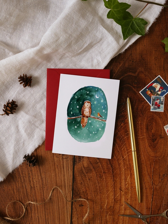 Owl and Robin Mini Christmas Card