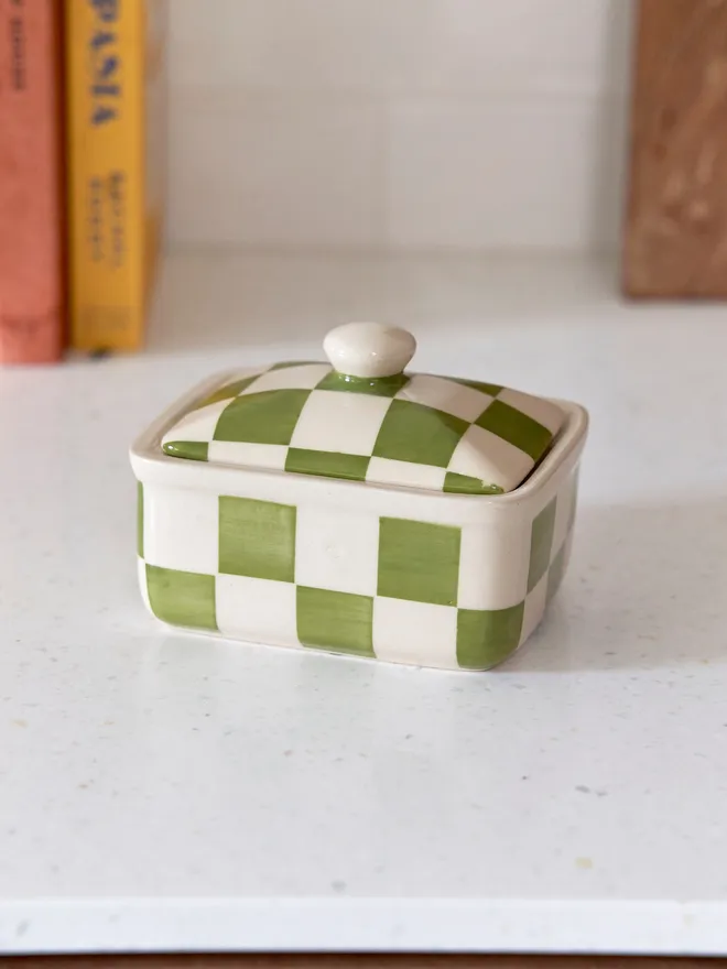 Checkered Green & Cream Handmade Ceramic Butter Dish 
