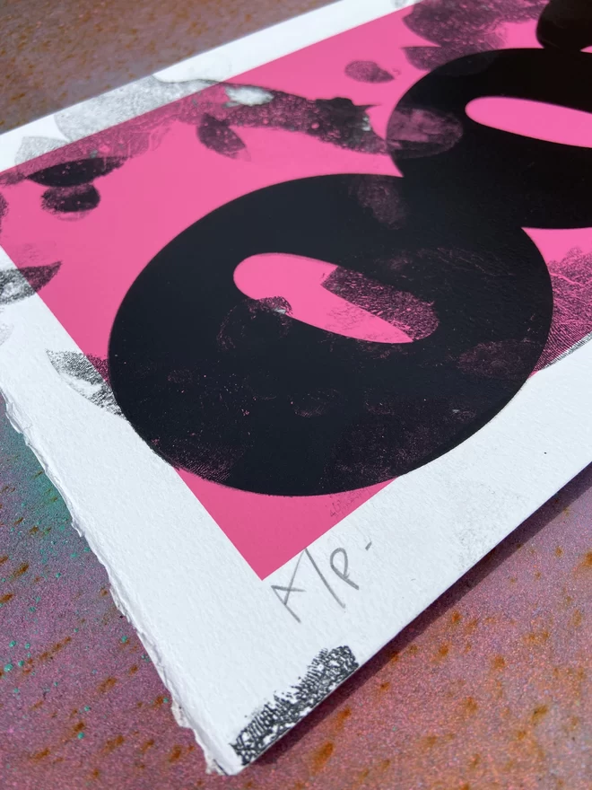 "OOPS" Foot Smeared Screenprint with each print individually smudged by the artists foot creating a one of a kind artwork with pink background 