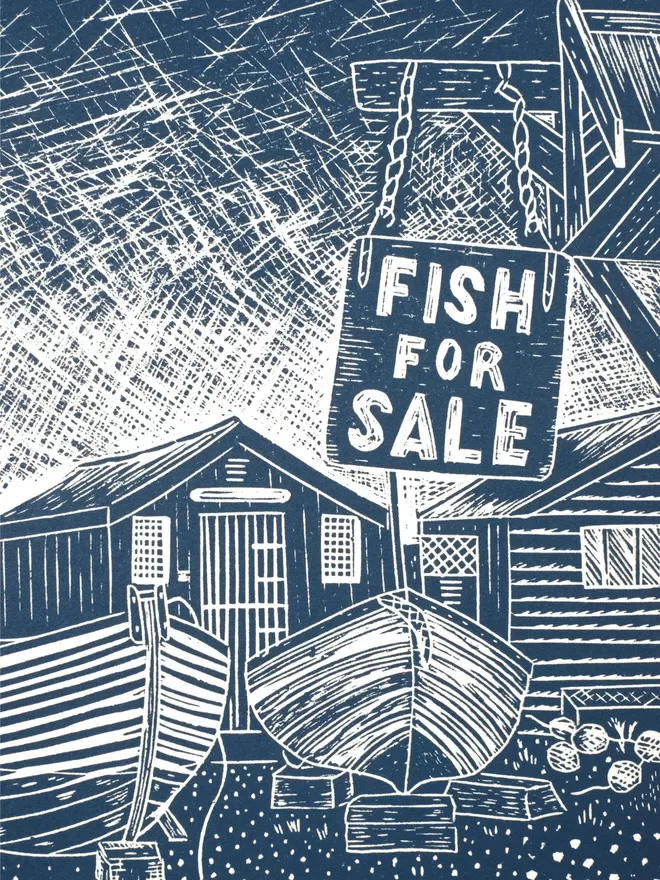 Picture of Fisherman's Huts in Southwold, Suffolk, taken from an original Lino Print 
