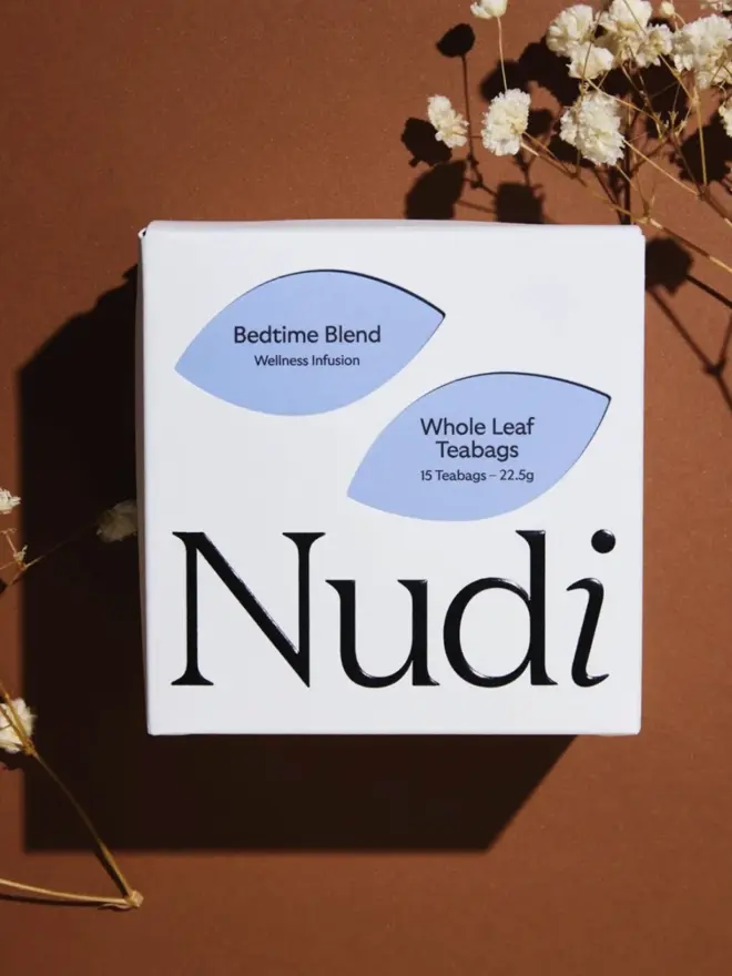 white box of bedtime blend tea with blue leaf design