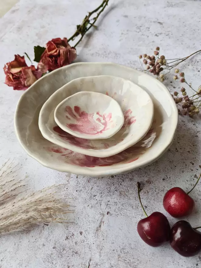 Set of 3 ceramic nesting bowls, pottery bowls, homeware,  tableware, gifts Jenny Hopps Pottery, Dream Catcher and Rose Pink