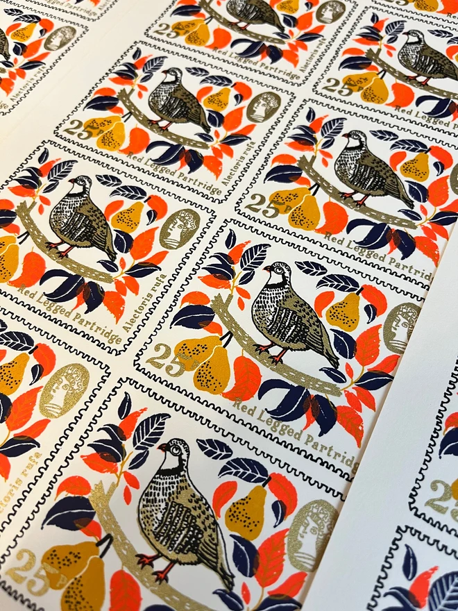 Partridge In A Pear Tree Christmas Card, a group of white cards with  colourful bird designs in the centre. 