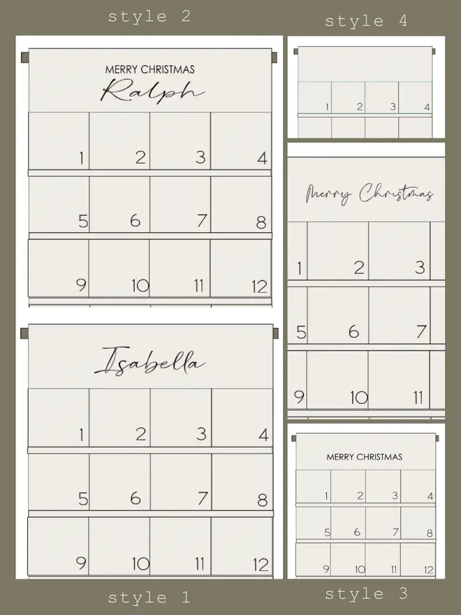 Different layouts of advent calendars showing personalised and merry Christmas headings