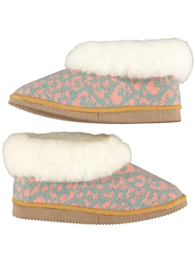 Women's Lambswool & Sheepskin Boot Slippers, a pair of boot slippers sitting on a plain white floor. 