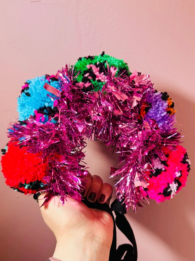 Leopard print Pom Pom festival headband festival Pom Pom tinsel headband bright headband rainbow headband pink tinsel 