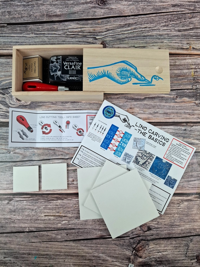Lino stamp carving & block printing kit in Wooden box for printing on paper with versafine clair ink pad and pack of mastercut soft white lino