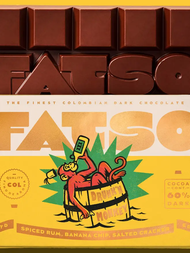 FATSO Drunk'n Monkey Dark Chocolate Bar with spiced rum, cracker and banana pieces. Vegan friendly.