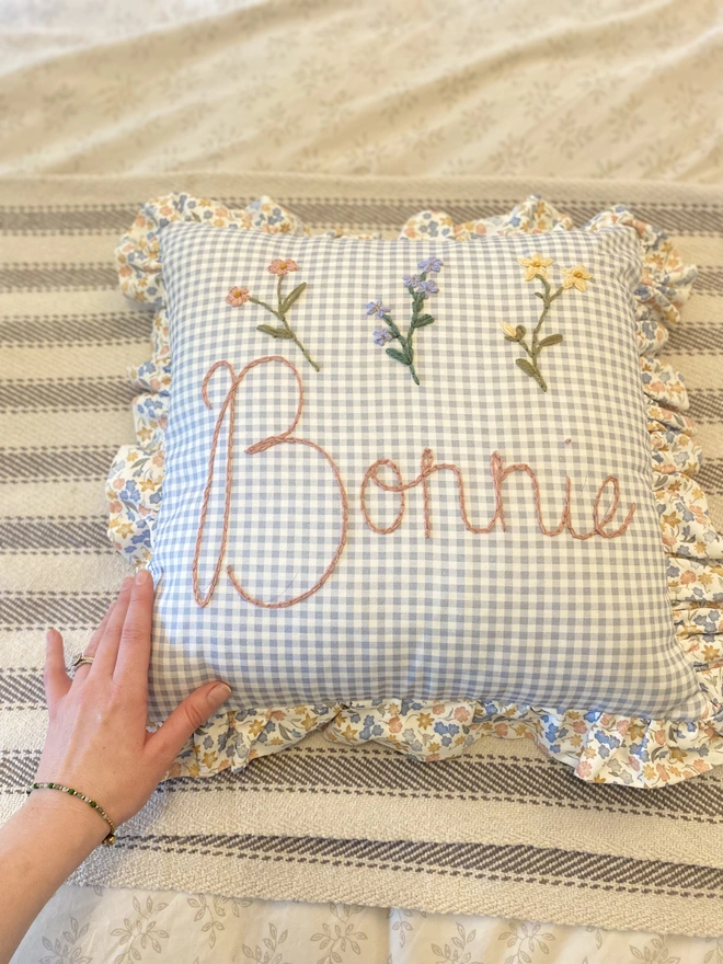 Blue gingham hand embroidered personalised cushion 