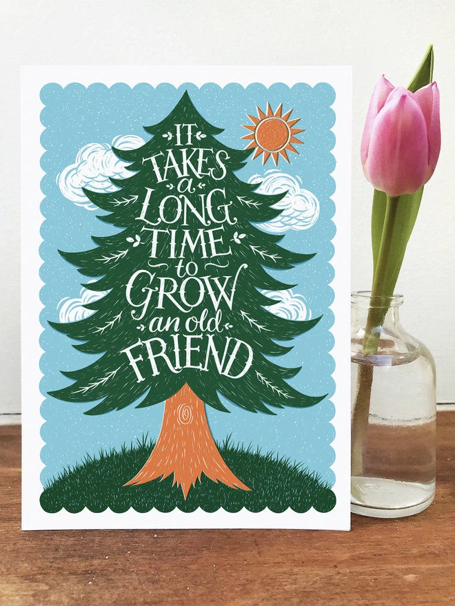 old friend card with pink tulip