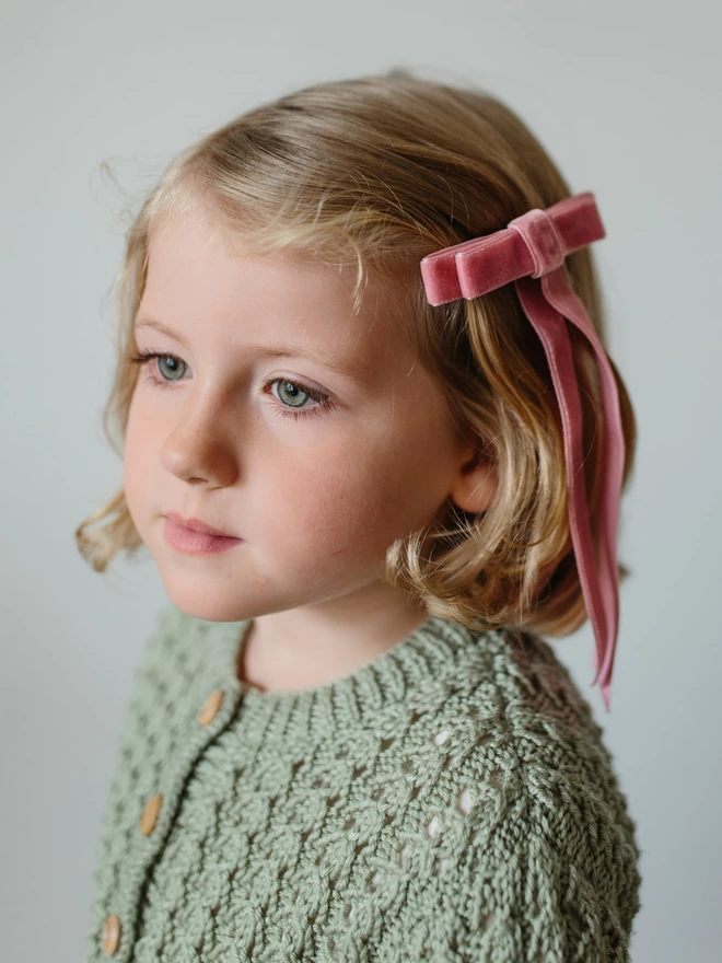 Little Girl in Pink Velvet Hair Bow