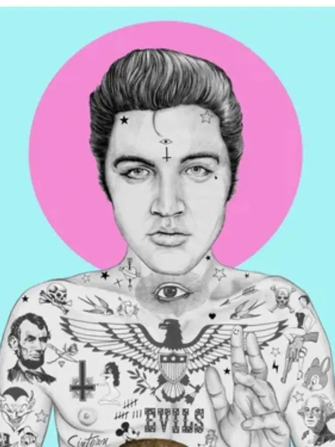 Tattooed portrait of Elvis Presley holding a cheeseburger against a blue background with a pink halo.

