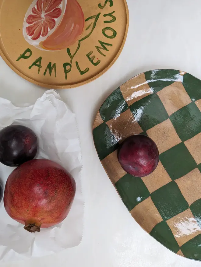 Green Checks Oval Serving Plate