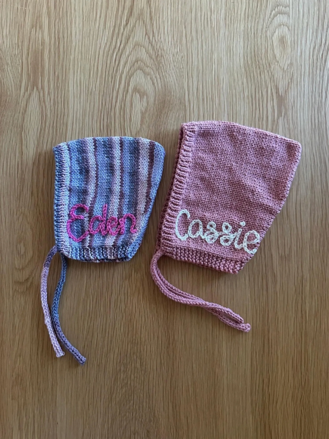 Pixie Bonnet. Two pixie bonnets with name embroidery.