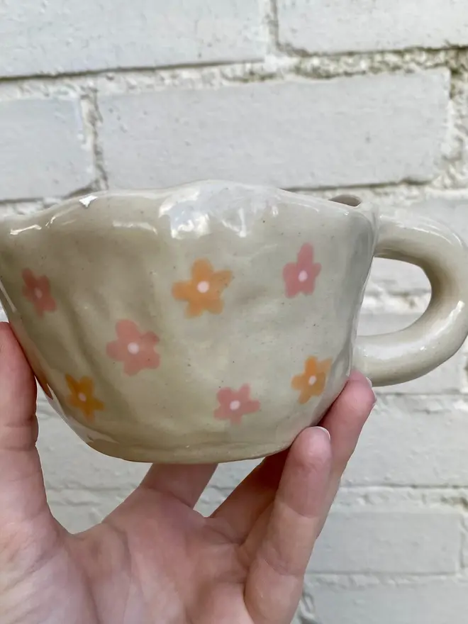 pink orange floral handmade ceramic smiley face mug