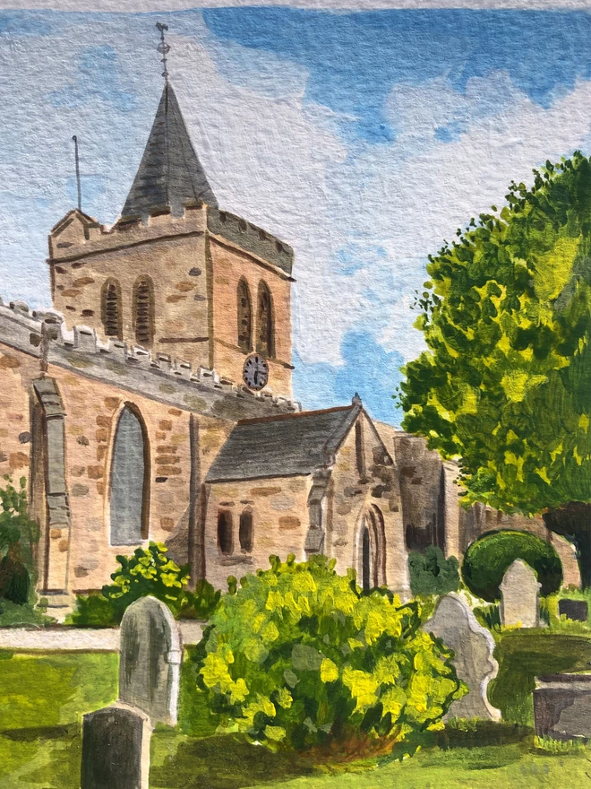 A watercolour and gouache illustration of St Deiniol’s Church, Hawarden. A traditional stonewelsh church with a churchyard and vivid green shubbery in the foreground of the painting.