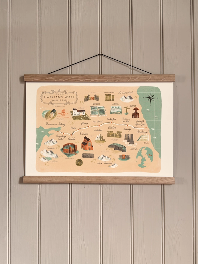 Hadrian's Wall Map Print framed against a panelled wall