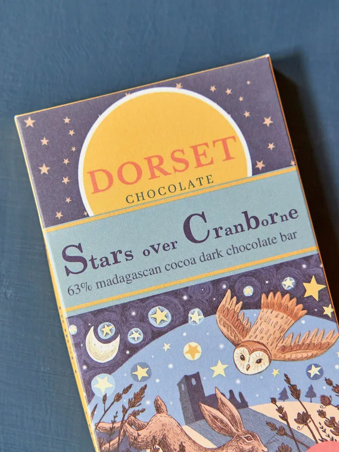 Dorset Chocolate dark chocolate bars with whimsical owl/rabbit/star illustrations