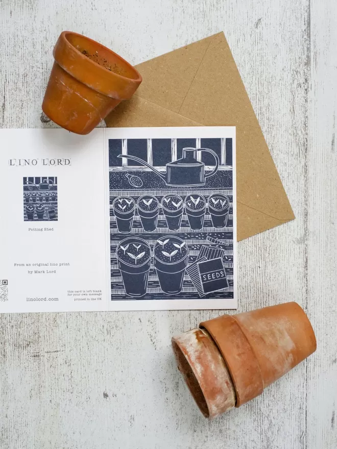Greeting Card with an image In The Potting Shed, taken from an original lino print